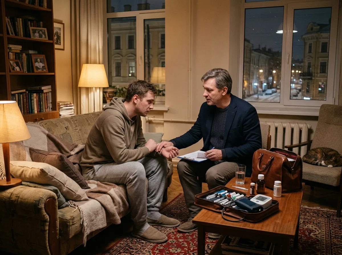Врач-нарколог в гражданской одежде приезжает к пациенту домой в Санкт-Петербурге, ночной выезд, профессиональная медицинская помощь, тёплый интерьер квартиры