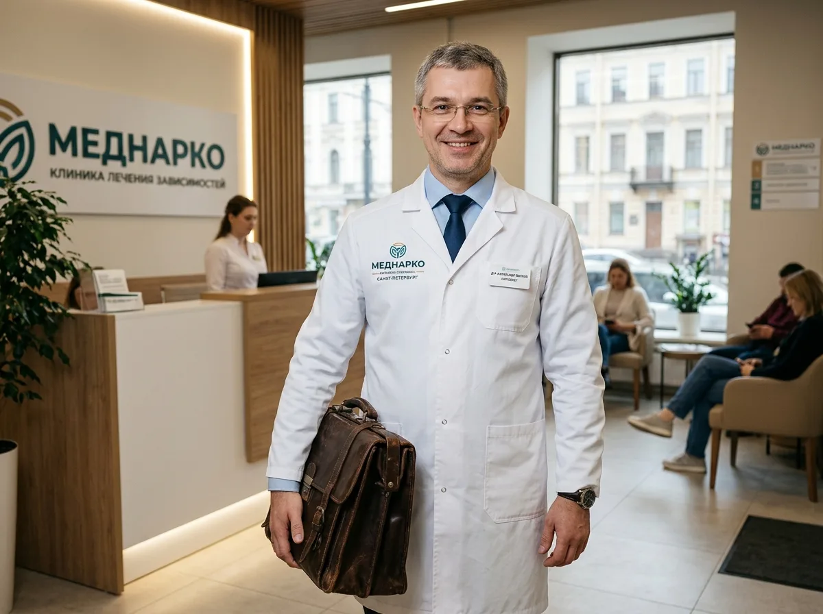 Врач-нарколог клиники МедНарко СПб — мужчина в белом халате с медицинским чемоданчиком, уверенный и доброжелательный вид
