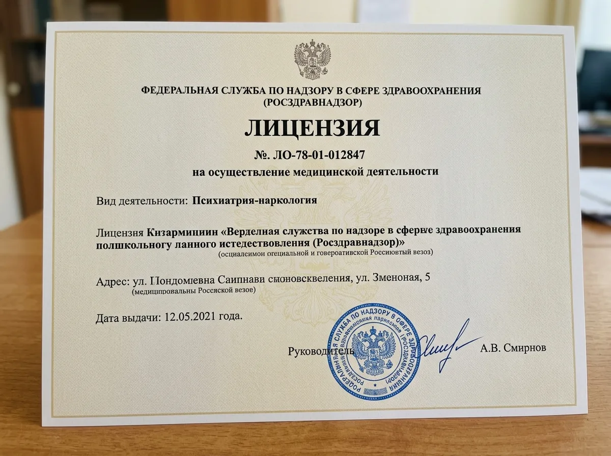 Лицензия Росздравнадзора № ЛО-78-01-012847 на осуществление медицинской деятельности по наркологии — официальный документ с печатью