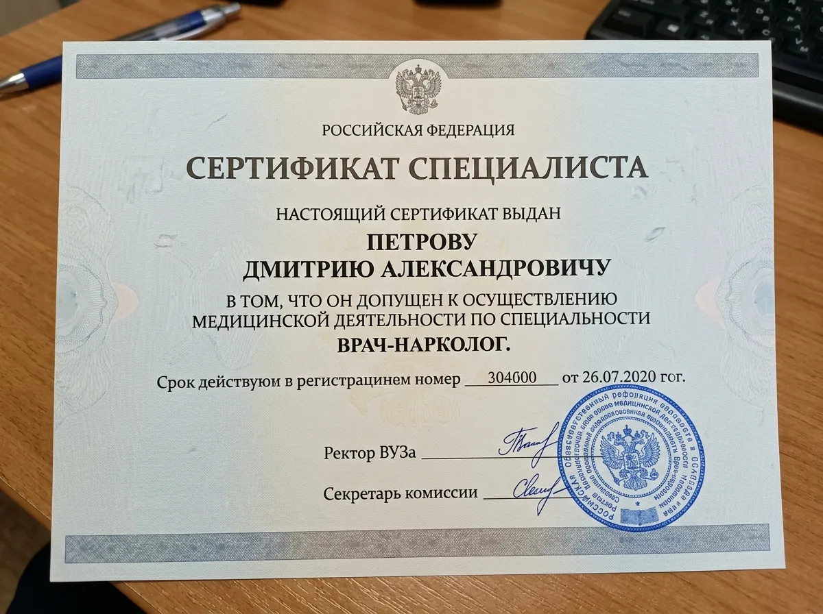 Сертификат специалиста по наркологии врача Петрова Дмитрия Александровича — документ государственного образца