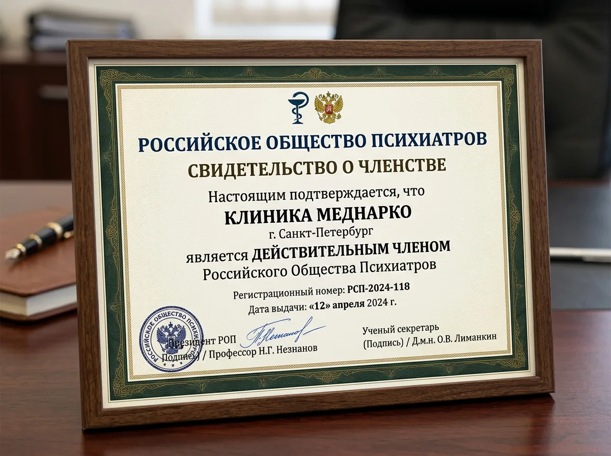 Свидетельство о членстве клиники МедНарко СПб в Российском обществе психиатров — официальный документ
